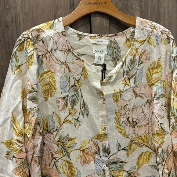 Nicole Miller 1X Tunic 100% Linen Floral Button Front Top Long Roll Tab Sleeves - Picture 6 of 10